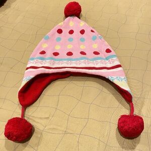 Hanna Andersson Girls Fleece Knitted Beanie Hat Pink Red Polka Dots Medium